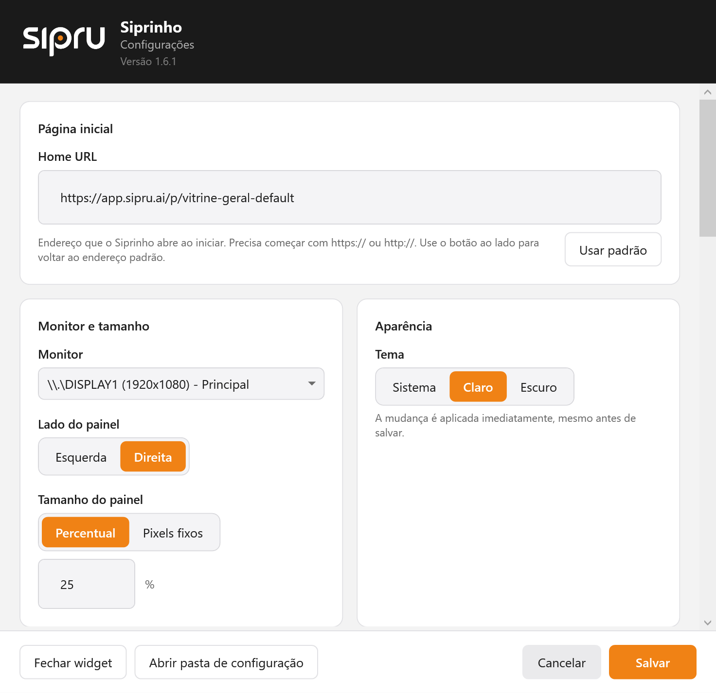Tela de configuração do Siprinho, com o cabeçalho, os primeiros cartões e os botões do rodapé
