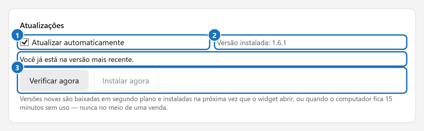 Cartão Atualizações com a opção automática, a versão instalada e os botões