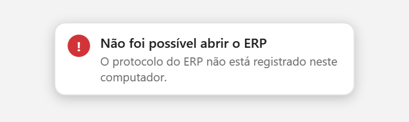 Aviso vermelho "Não foi possível abrir o ERP" com o motivo