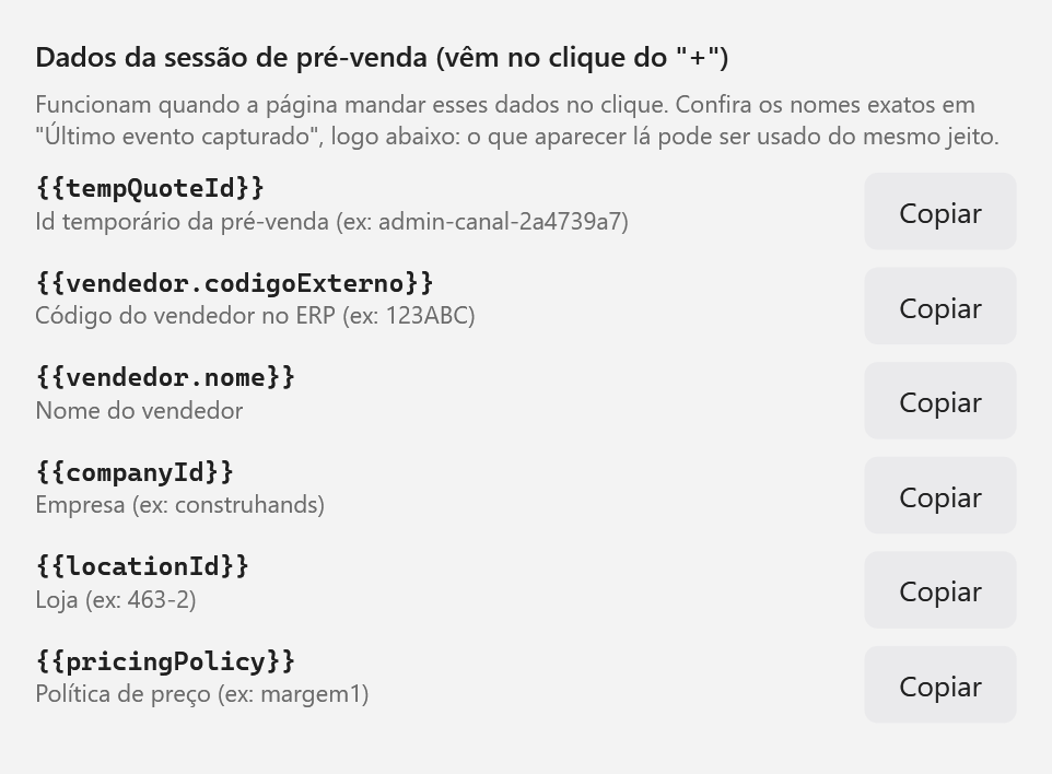 Grupo Dados da sessão de pré-venda na janela de campos disponíveis