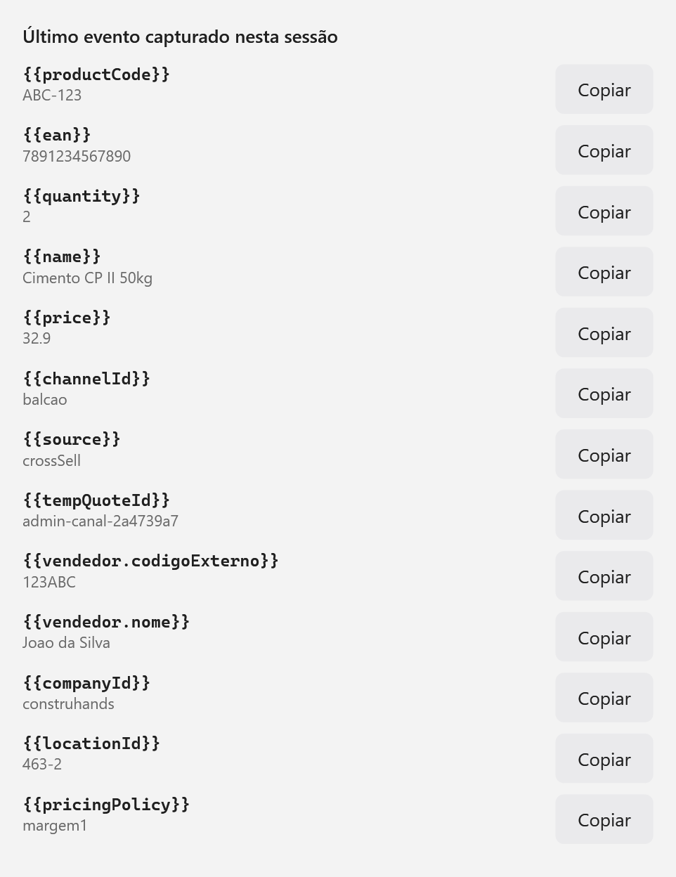 Lista Último evento capturado nesta sessão, com os valores reais de um clique