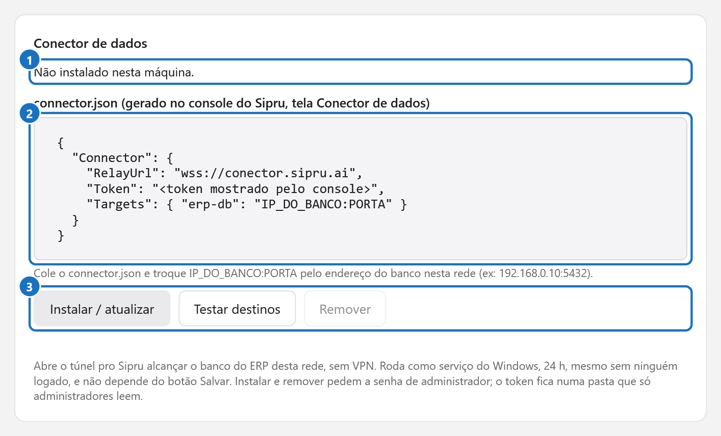 Cartão Conector de dados com a situação, o connector.json colado e os botões