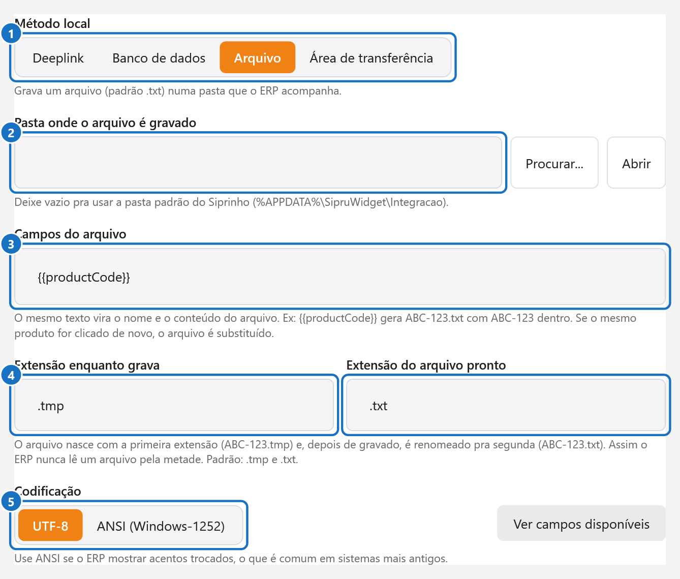 Método Arquivo com a pasta, os campos do arquivo, as extensões e a codificação