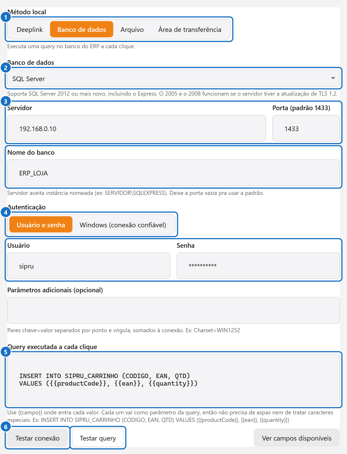 Método Banco de dados com SQL Server, servidor, banco, usuário e a query preenchidos