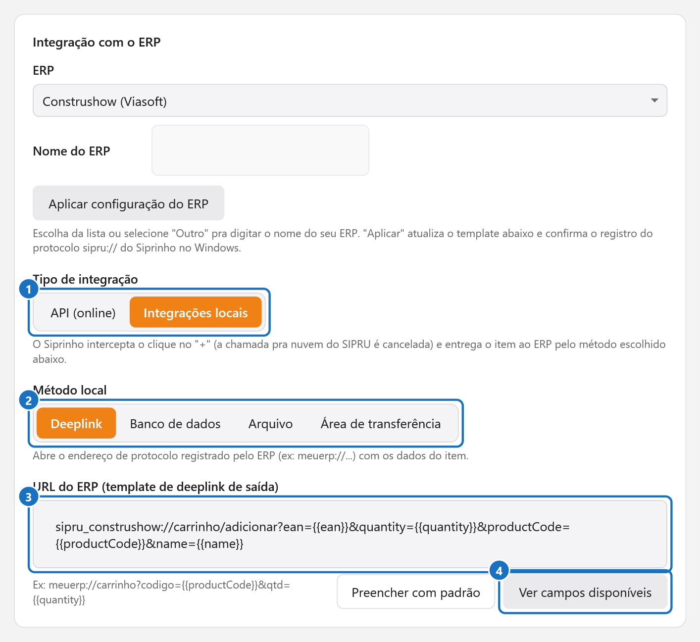 Integrações locais com o método Deeplink e o campo URL do ERP preenchido