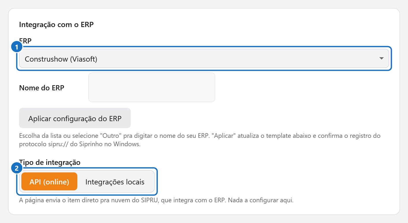 Cartão Integração com o ERP, com a lista de ERPs e o tipo API (online) selecionado