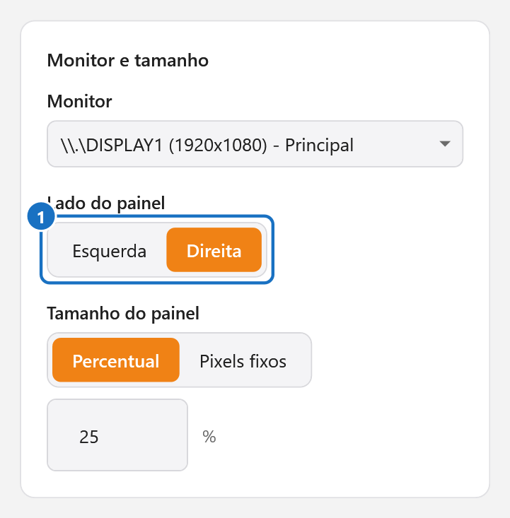 Cartão Monitor e tamanho, com a escolha do lado do painel marcada