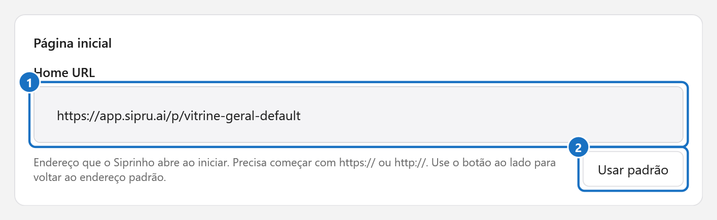 Cartão Página inicial, com o campo Home URL e o botão Usar padrão