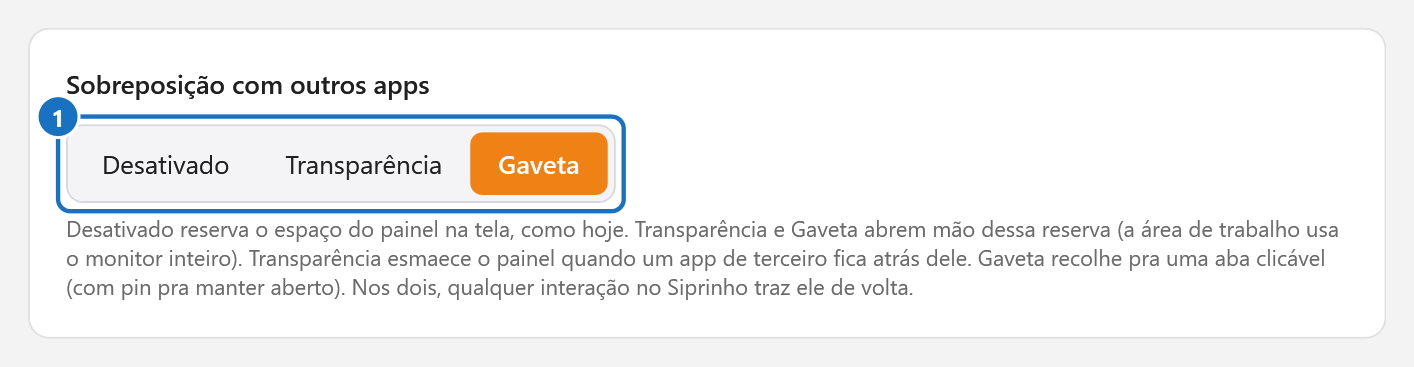 Cartão Sobreposição com outros apps, com o modo Gaveta selecionado